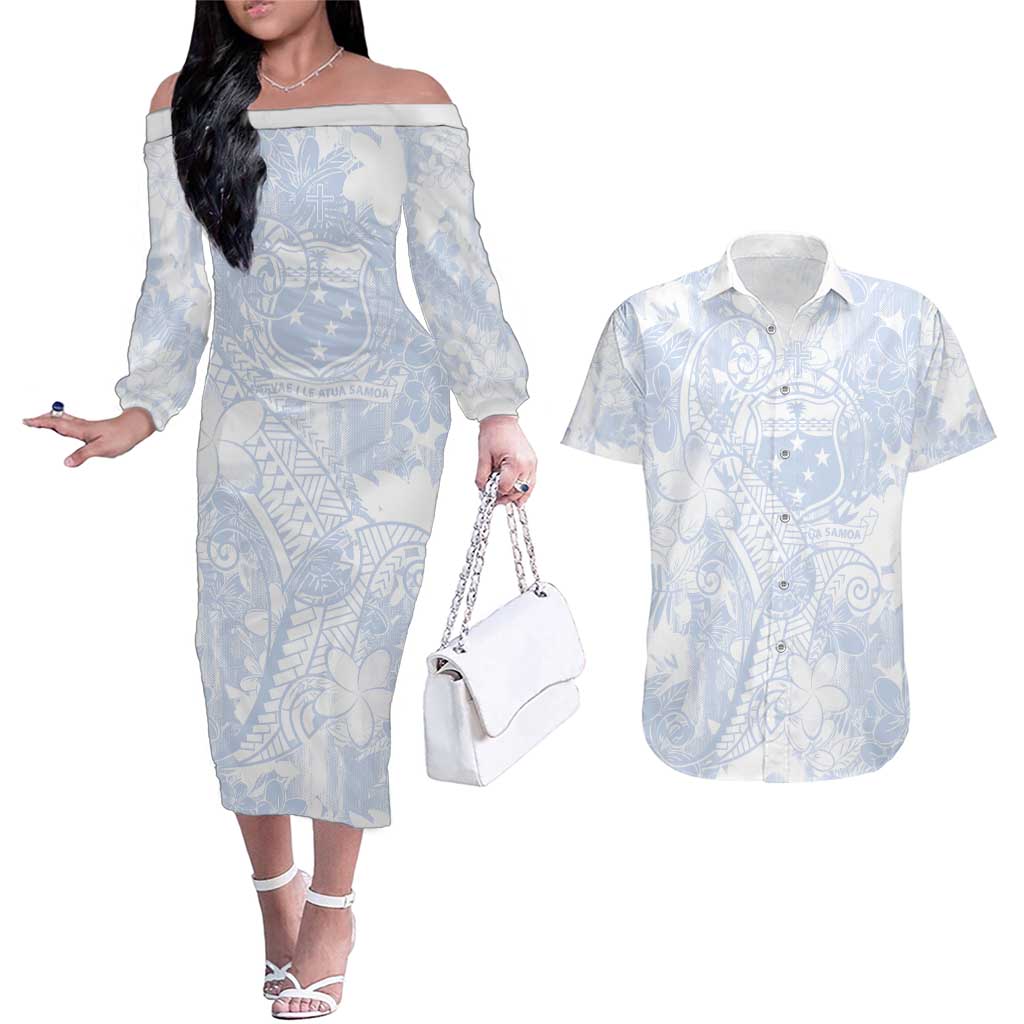 Samoa White Sunday Couples Matching Off The Shoulder Long Sleeve Dress and Hawaiian Shirt Plumeria Floral LT01 White - Polynesian Pride