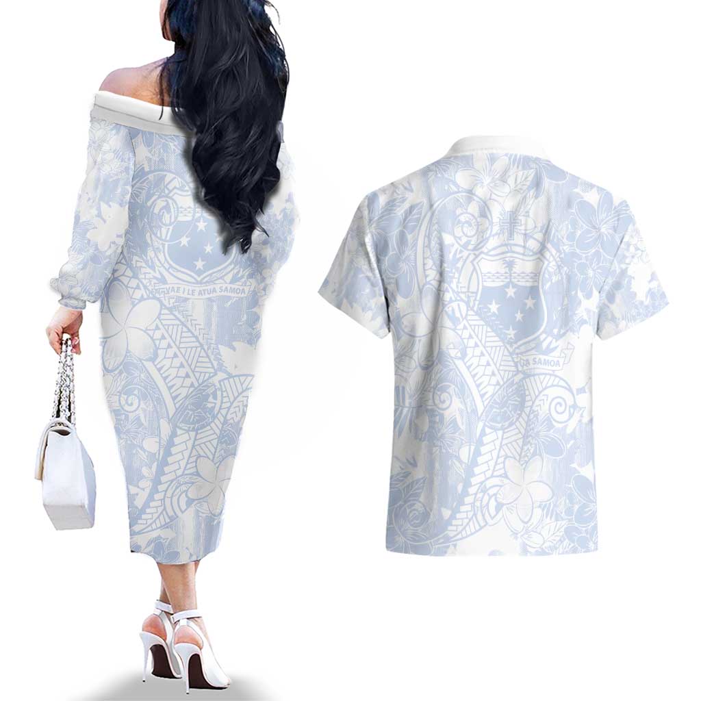 Samoa White Sunday Couples Matching Off The Shoulder Long Sleeve Dress and Hawaiian Shirt Plumeria Floral LT01 - Polynesian Pride