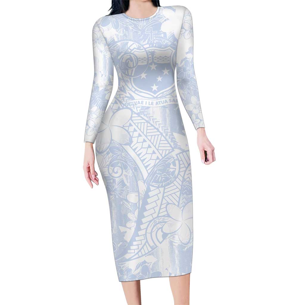 Samoa White Sunday Family Matching Long Sleeve Bodycon Dress and Hawaiian Shirt Plumeria Floral LT01 Mom's Dress White - Polynesian Pride