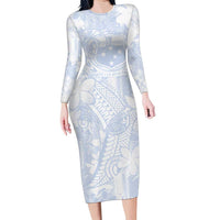 Samoa White Sunday Family Matching Long Sleeve Bodycon Dress and Hawaiian Shirt Plumeria Floral LT01 Mom's Dress White - Polynesian Pride