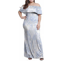 Samoa White Sunday Family Matching Off Shoulder Maxi Dress and Hawaiian Shirt Plumeria Floral LT01 Mom's Dress White - Polynesian Pride
