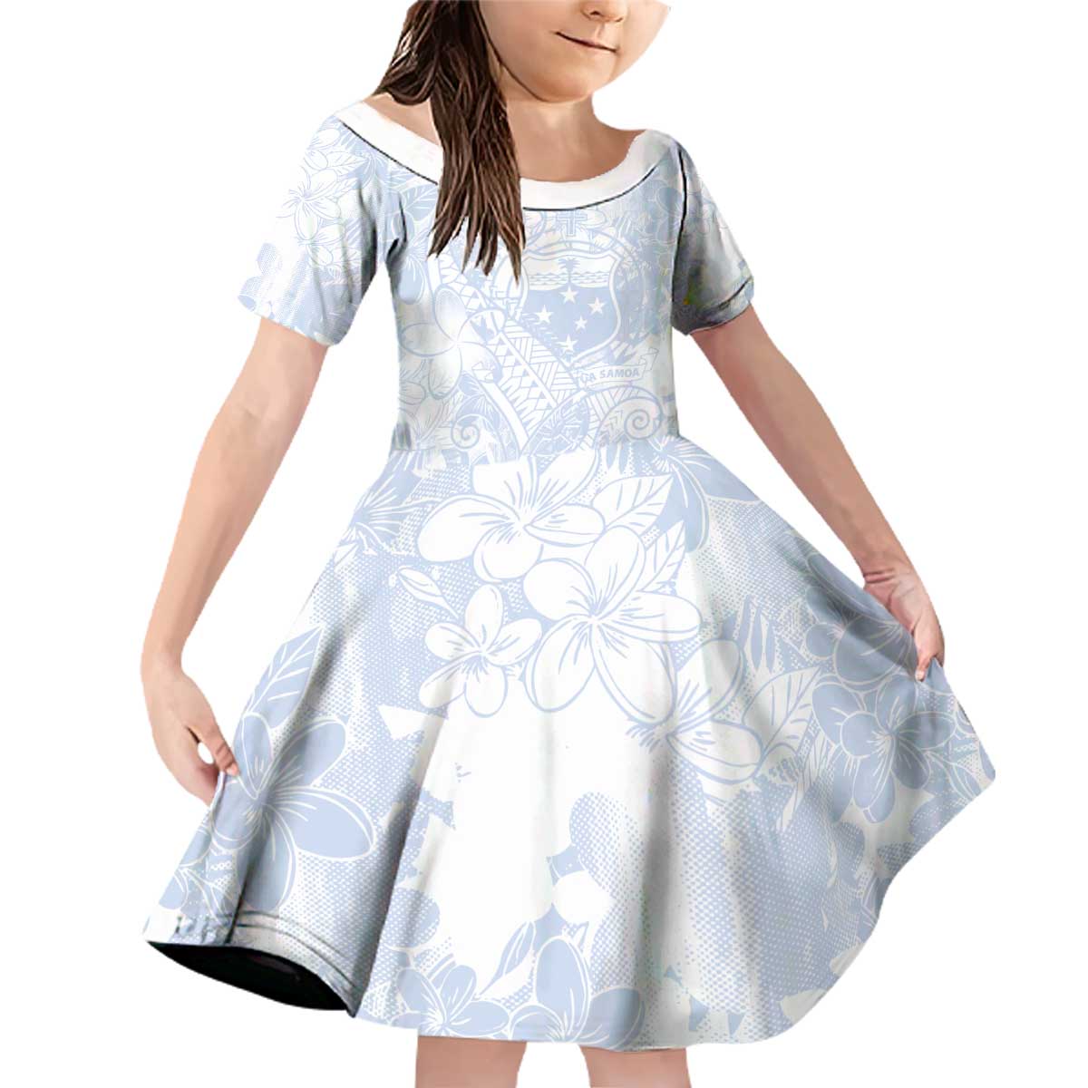 Samoa White Sunday Family Matching Off Shoulder Short Dress and Hawaiian Shirt Plumeria Floral LT01 Daughter's Dress White - Polynesian Pride