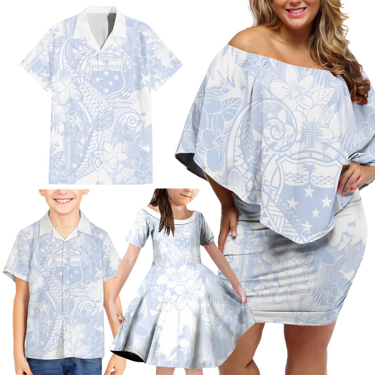 Samoa White Sunday Family Matching Off Shoulder Short Dress and Hawaiian Shirt Plumeria Floral LT01 - Polynesian Pride