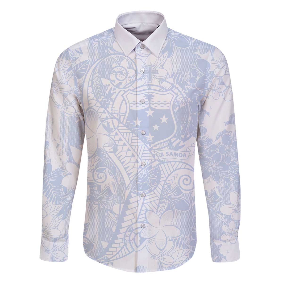 Samoa White Sunday Family Matching Off Shoulder Short Dress and Hawaiian Shirt Plumeria Floral LT01 Dad's Shirt - Long Sleeve White - Polynesian Pride