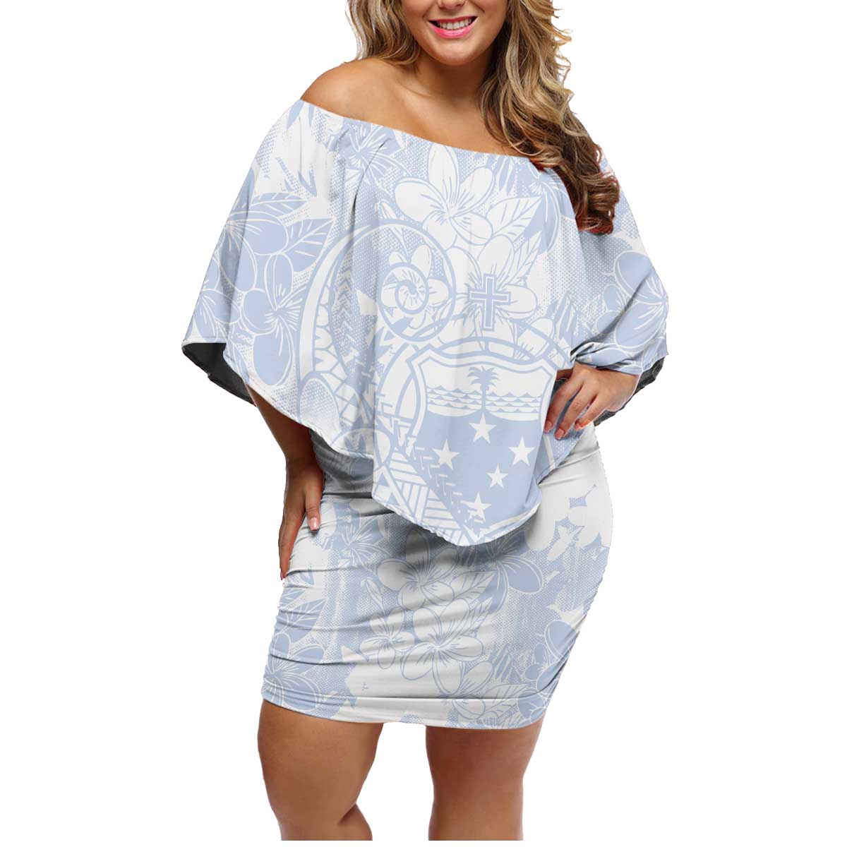 Samoa White Sunday Family Matching Off Shoulder Short Dress and Hawaiian Shirt Plumeria Floral LT01 Mom's Dress White - Polynesian Pride