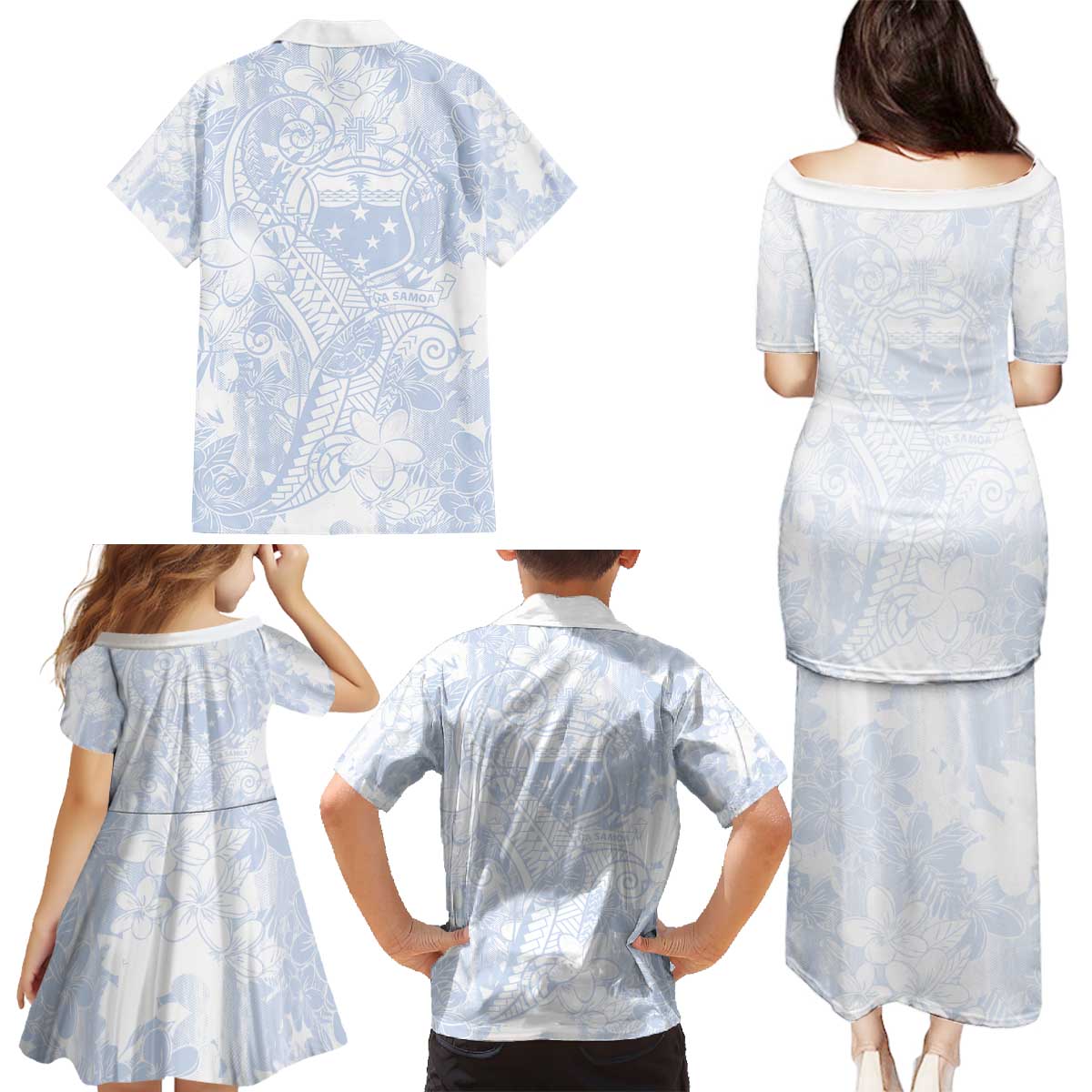 Samoa White Sunday Family Matching Puletasi and Hawaiian Shirt Plumeria Floral LT01 - Polynesian Pride