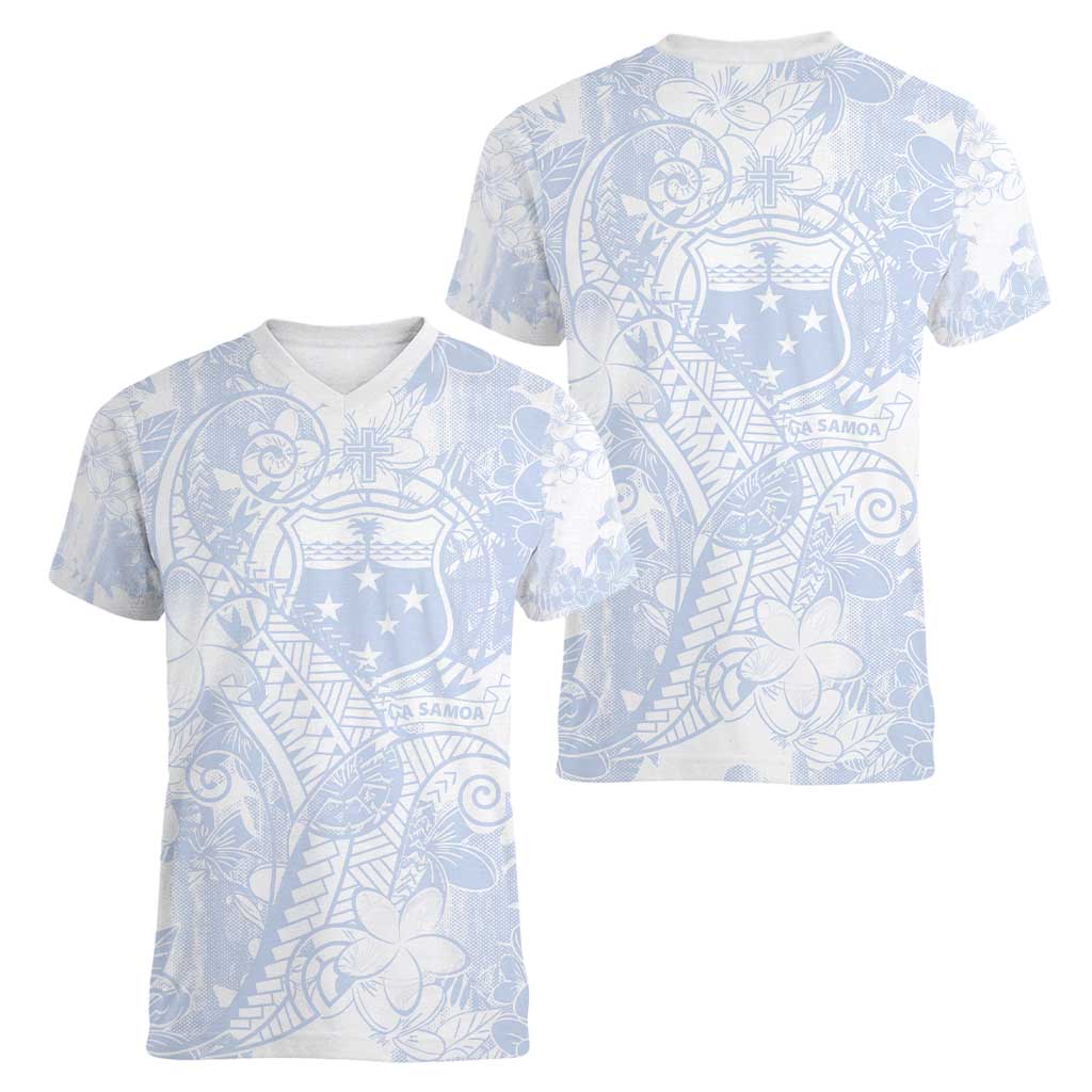 Samoa White Sunday Women V-Neck T-Shirt Plumeria Floral
