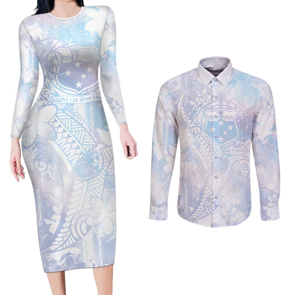 Samoa White Sunday Couples Matching Long Sleeve Bodycon Dress and Long Sleeve Button Shirt Sweet Pastel Plumeria Floral LT01 White - Polynesian Pride