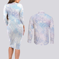 Samoa White Sunday Couples Matching Long Sleeve Bodycon Dress and Long Sleeve Button Shirt Sweet Pastel Plumeria Floral LT01 - Polynesian Pride