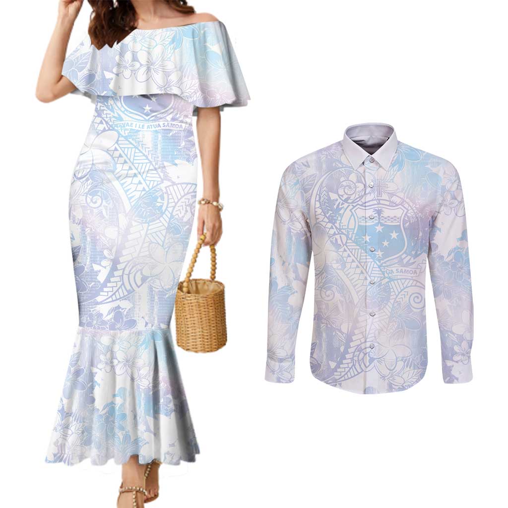 Samoa White Sunday Couples Matching Mermaid Dress and Long Sleeve Button Shirt Sweet Pastel Plumeria Floral LT01 White - Polynesian Pride