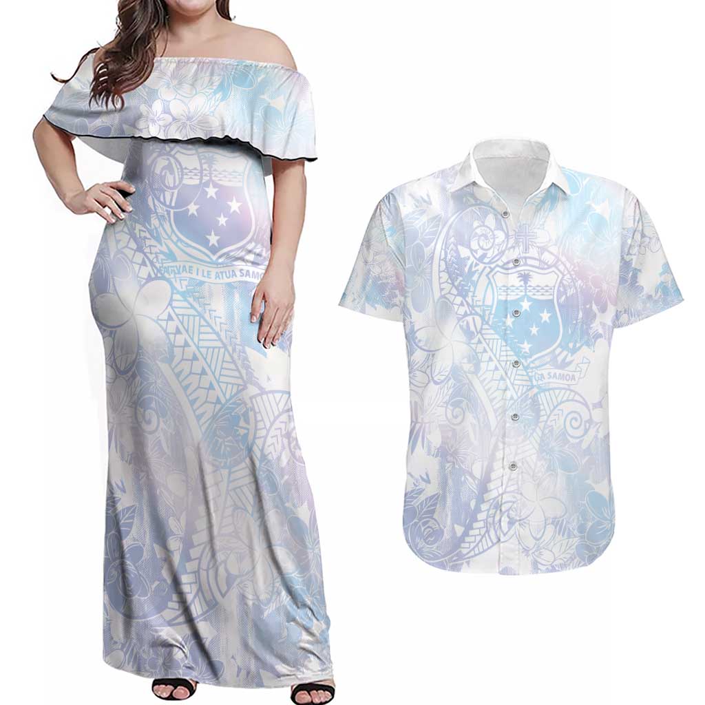 Samoa White Sunday Couples Matching Off Shoulder Maxi Dress and Hawaiian Shirt Sweet Pastel Plumeria Floral LT01 White - Polynesian Pride
