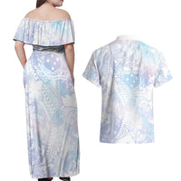 Samoa White Sunday Couples Matching Off Shoulder Maxi Dress and Hawaiian Shirt Sweet Pastel Plumeria Floral LT01 - Polynesian Pride