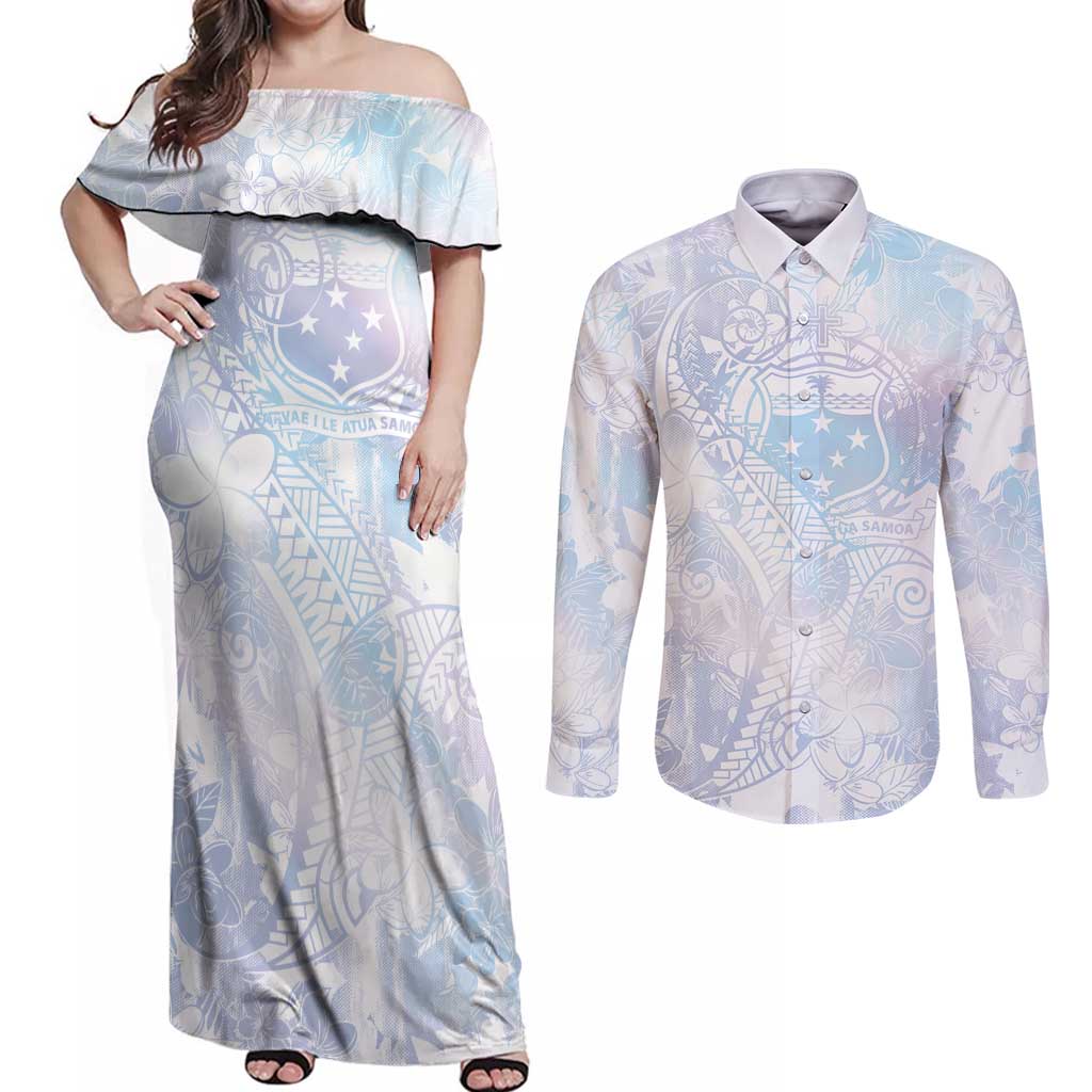 Samoa White Sunday Couples Matching Off Shoulder Maxi Dress and Long Sleeve Button Shirt Sweet Pastel Plumeria Floral LT01 White - Polynesian Pride