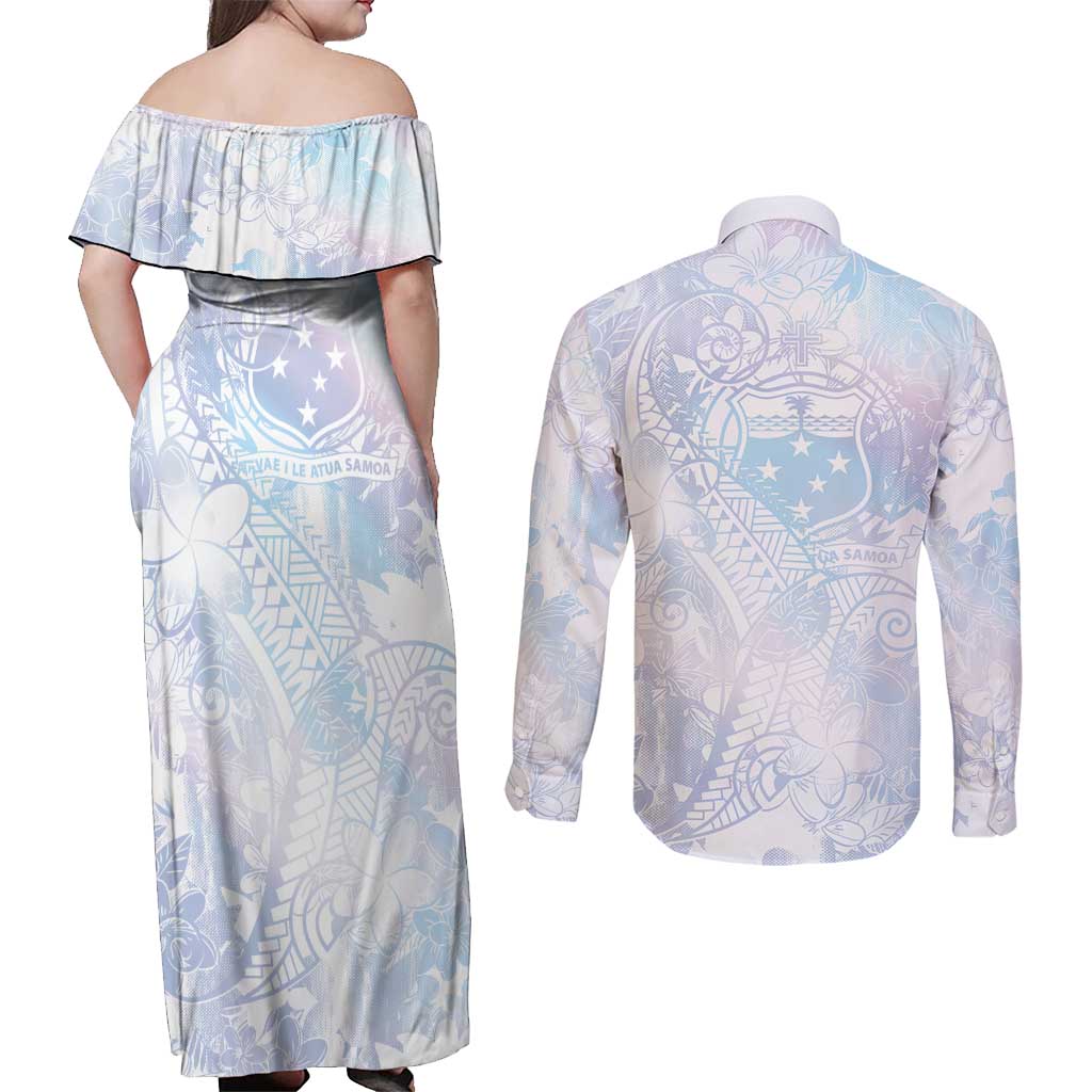Samoa White Sunday Couples Matching Off Shoulder Maxi Dress and Long Sleeve Button Shirt Sweet Pastel Plumeria Floral LT01 - Polynesian Pride