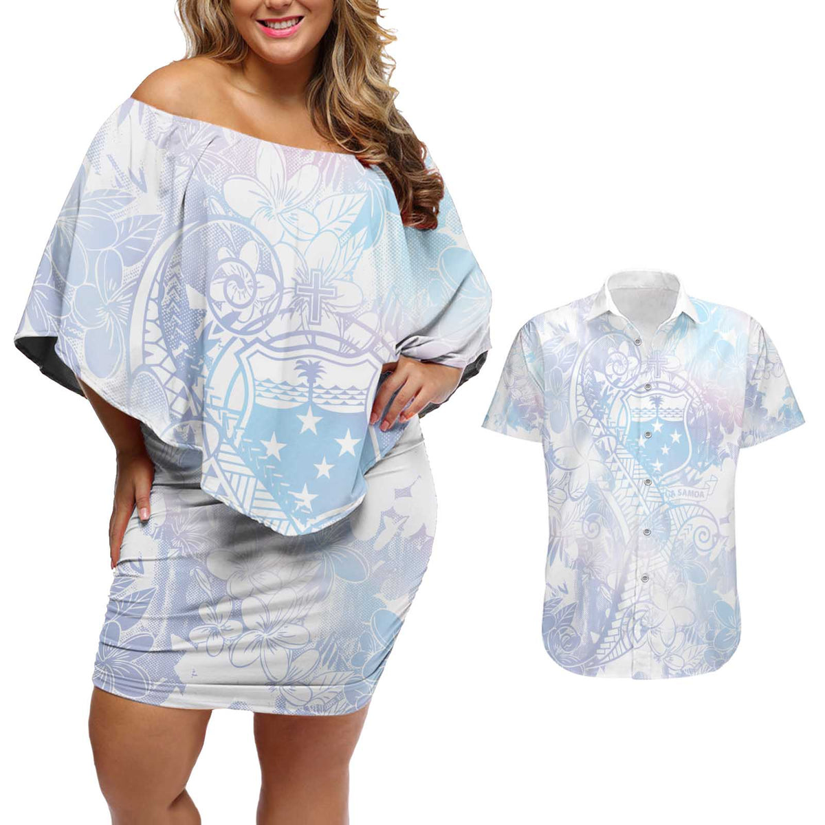 Samoa White Sunday Couples Matching Off Shoulder Short Dress and Hawaiian Shirt Sweet Pastel Plumeria Floral LT01 White - Polynesian Pride