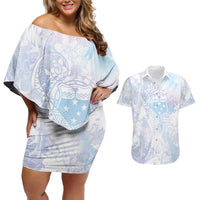 Samoa White Sunday Couples Matching Off Shoulder Short Dress and Hawaiian Shirt Sweet Pastel Plumeria Floral LT01 White - Polynesian Pride