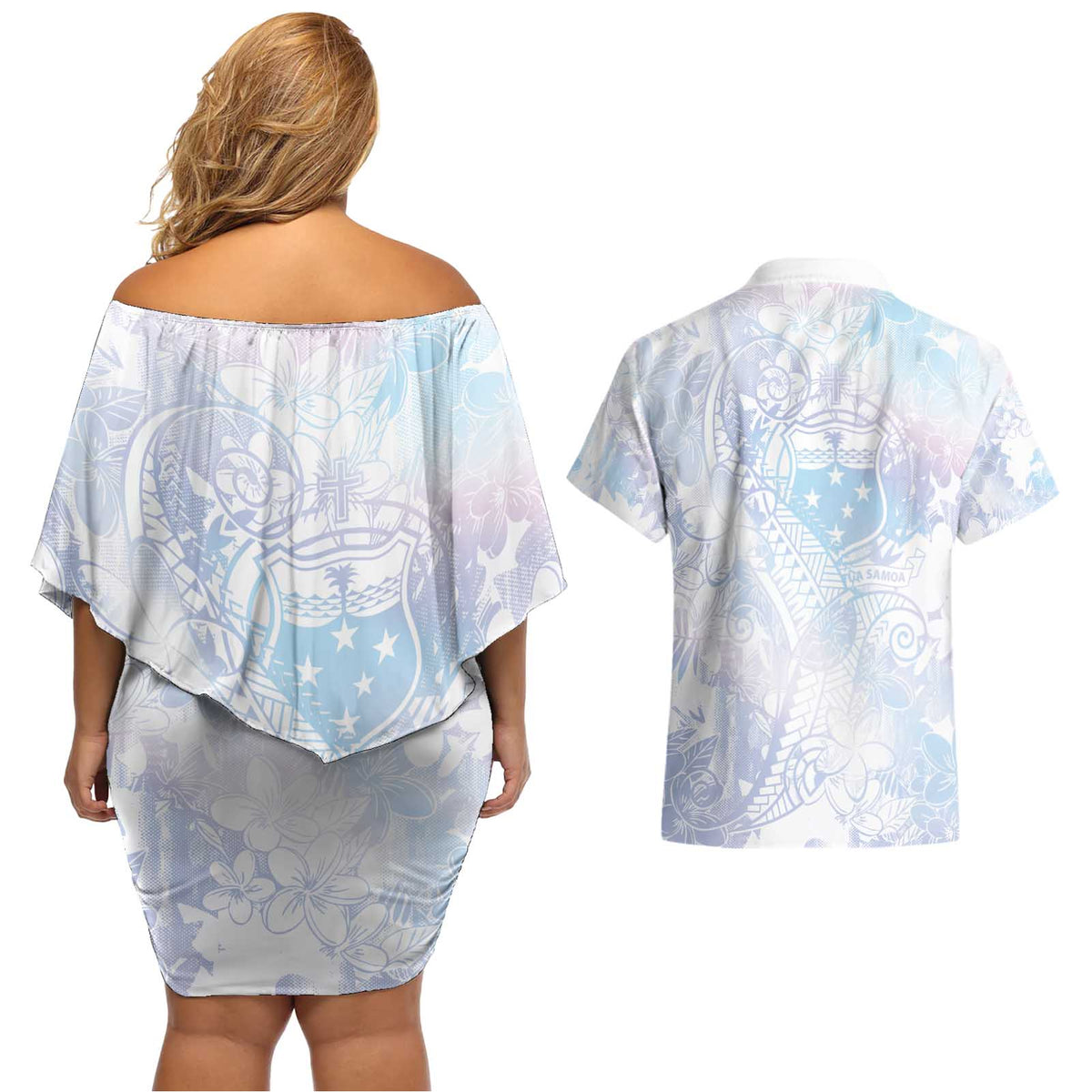 Samoa White Sunday Couples Matching Off Shoulder Short Dress and Hawaiian Shirt Sweet Pastel Plumeria Floral LT01 - Polynesian Pride