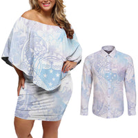 Samoa White Sunday Couples Matching Off Shoulder Short Dress and Long Sleeve Button Shirt Sweet Pastel Plumeria Floral LT01 White - Polynesian Pride