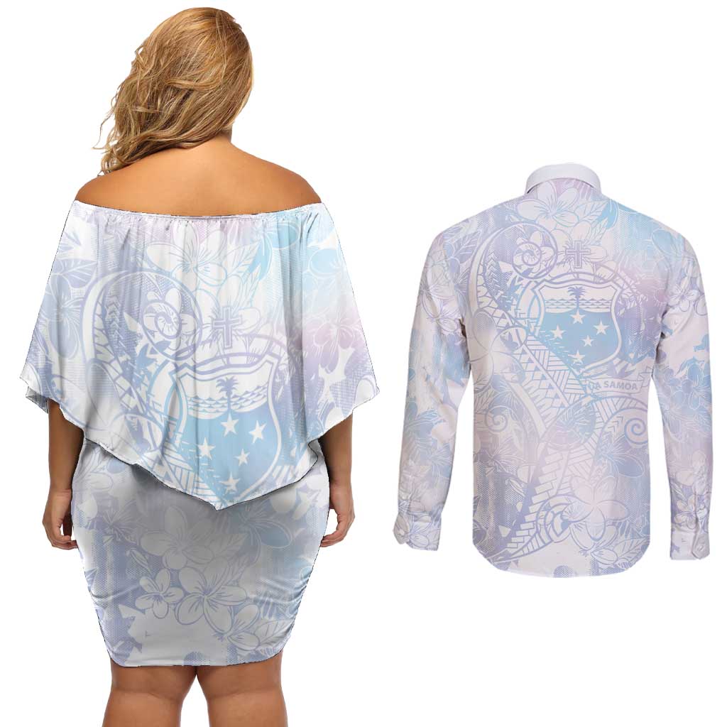 Samoa White Sunday Couples Matching Off Shoulder Short Dress and Long Sleeve Button Shirt Sweet Pastel Plumeria Floral LT01 - Polynesian Pride