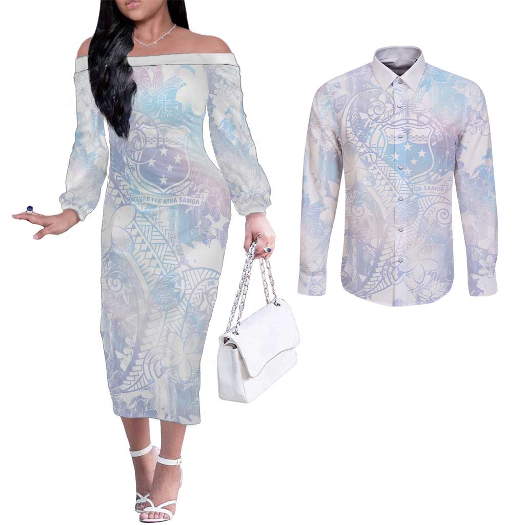 Samoa White Sunday Couples Matching Off The Shoulder Long Sleeve Dress and Long Sleeve Button Shirt Sweet Pastel Plumeria Floral LT01 White - Polynesian Pride