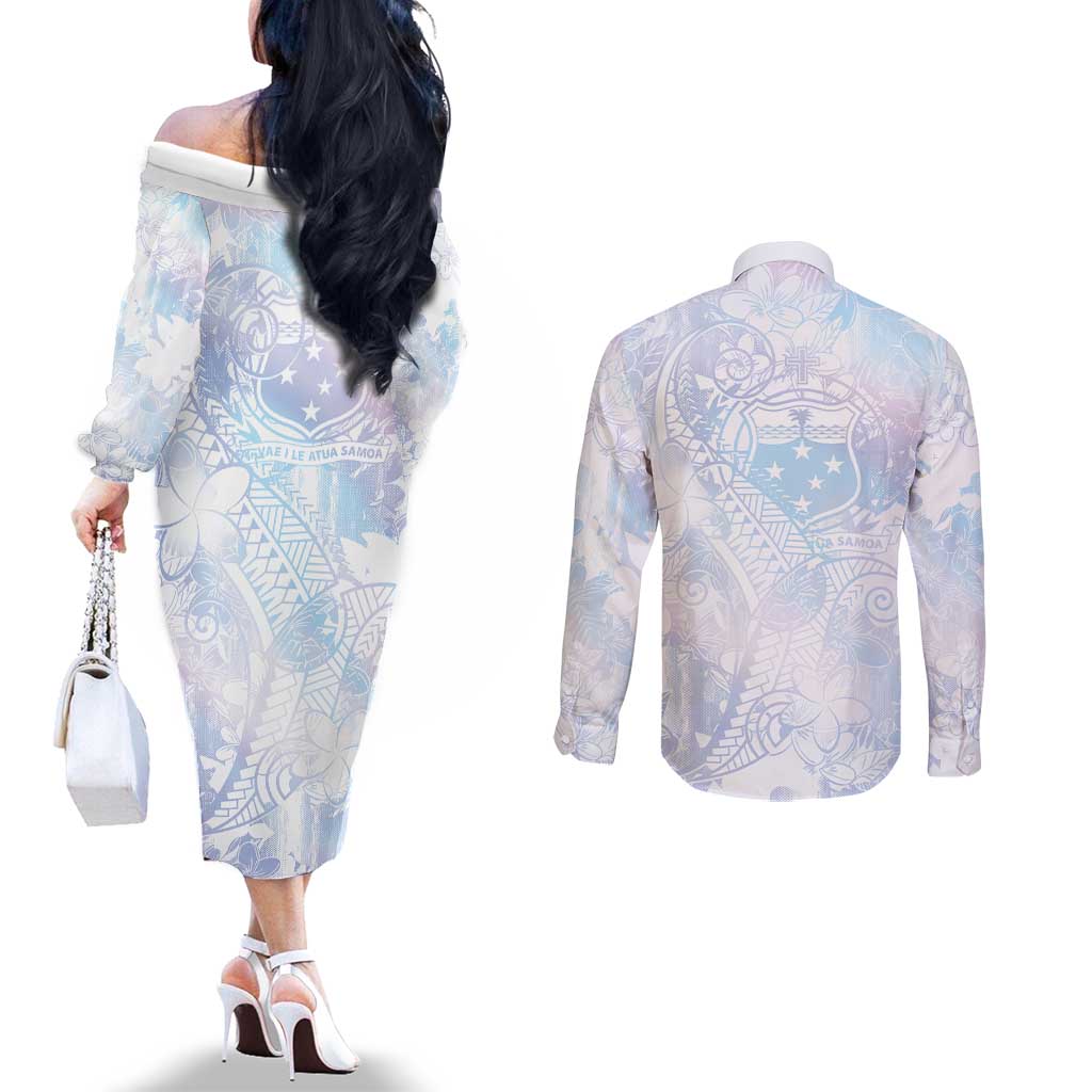 Samoa White Sunday Couples Matching Off The Shoulder Long Sleeve Dress and Long Sleeve Button Shirt Sweet Pastel Plumeria Floral LT01 - Polynesian Pride