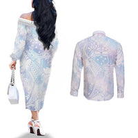 Samoa White Sunday Couples Matching Off The Shoulder Long Sleeve Dress and Long Sleeve Button Shirt Sweet Pastel Plumeria Floral LT01 - Polynesian Pride