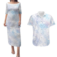 Samoa White Sunday Couples Matching Puletasi and Hawaiian Shirt Sweet Pastel Plumeria Floral LT01 White - Polynesian Pride