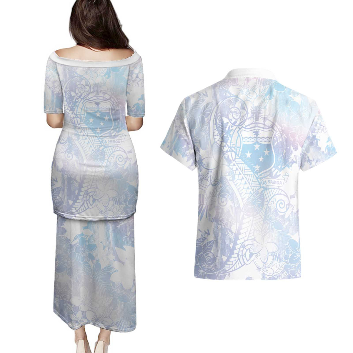 Samoa White Sunday Couples Matching Puletasi and Hawaiian Shirt Sweet Pastel Plumeria Floral LT01 - Polynesian Pride