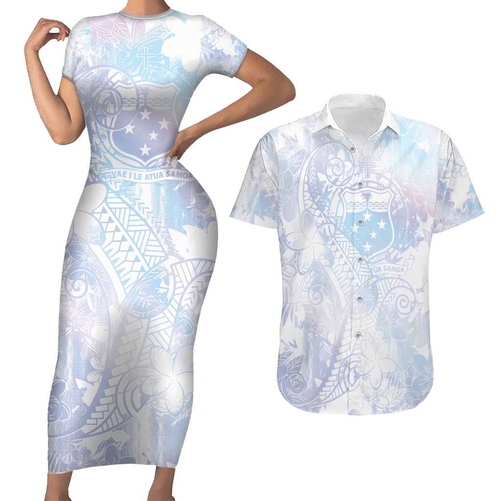 Samoa White Sunday Couples Matching Short Sleeve Bodycon Dress and Hawaiian Shirt Sweet Pastel Plumeria Floral LT01 White - Polynesian Pride