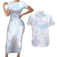 Samoa White Sunday Couples Matching Short Sleeve Bodycon Dress and Hawaiian Shirt Sweet Pastel Plumeria Floral LT01 White - Polynesian Pride