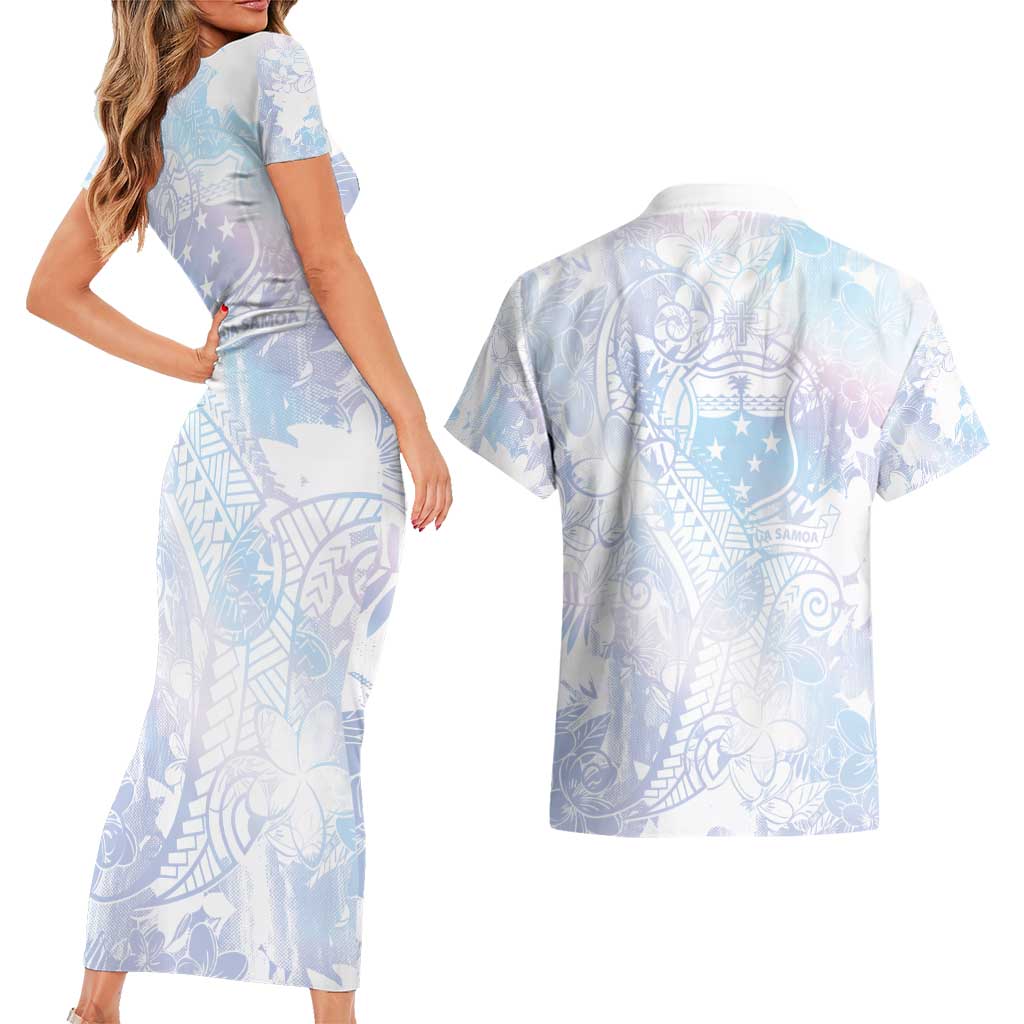 Samoa White Sunday Couples Matching Short Sleeve Bodycon Dress and Hawaiian Shirt Sweet Pastel Plumeria Floral LT01 - Polynesian Pride