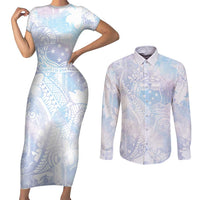 Samoa White Sunday Couples Matching Short Sleeve Bodycon Dress and Long Sleeve Button Shirt Sweet Pastel Plumeria Floral LT01 White - Polynesian Pride