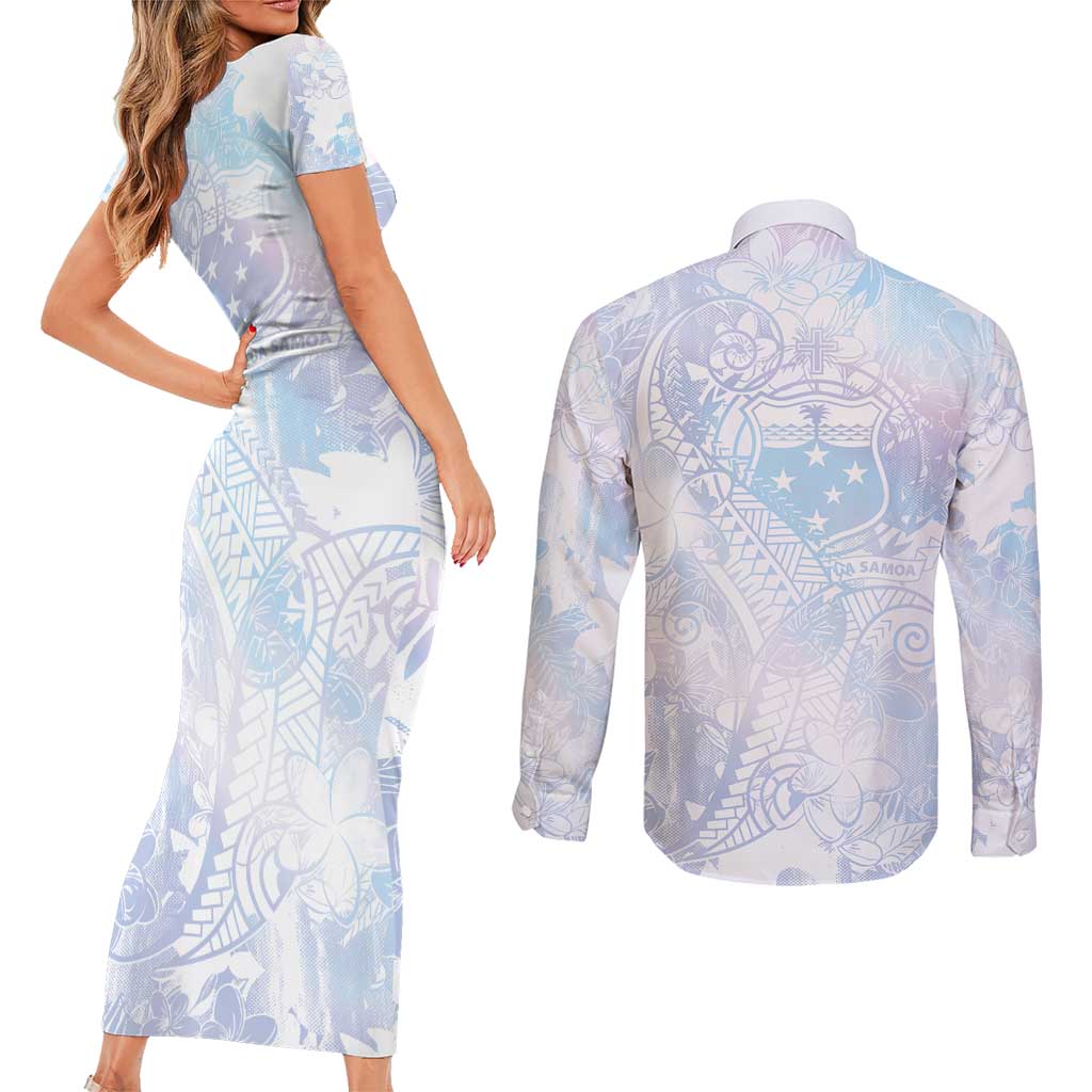 Samoa White Sunday Couples Matching Short Sleeve Bodycon Dress and Long Sleeve Button Shirt Sweet Pastel Plumeria Floral LT01 - Polynesian Pride