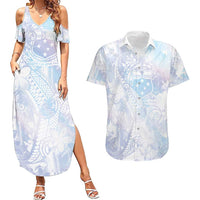 Samoa White Sunday Couples Matching Summer Maxi Dress and Hawaiian Shirt Sweet Pastel Plumeria Floral LT01 White - Polynesian Pride