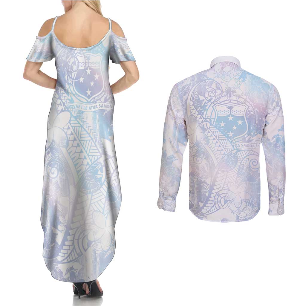 Samoa White Sunday Couples Matching Summer Maxi Dress and Long Sleeve Button Shirt Sweet Pastel Plumeria Floral LT01 - Polynesian Pride