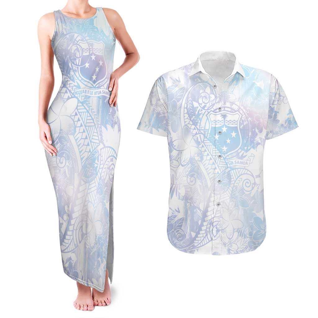 Samoa White Sunday Couples Matching Tank Maxi Dress and Hawaiian Shirt Sweet Pastel Plumeria Floral LT01 White - Polynesian Pride