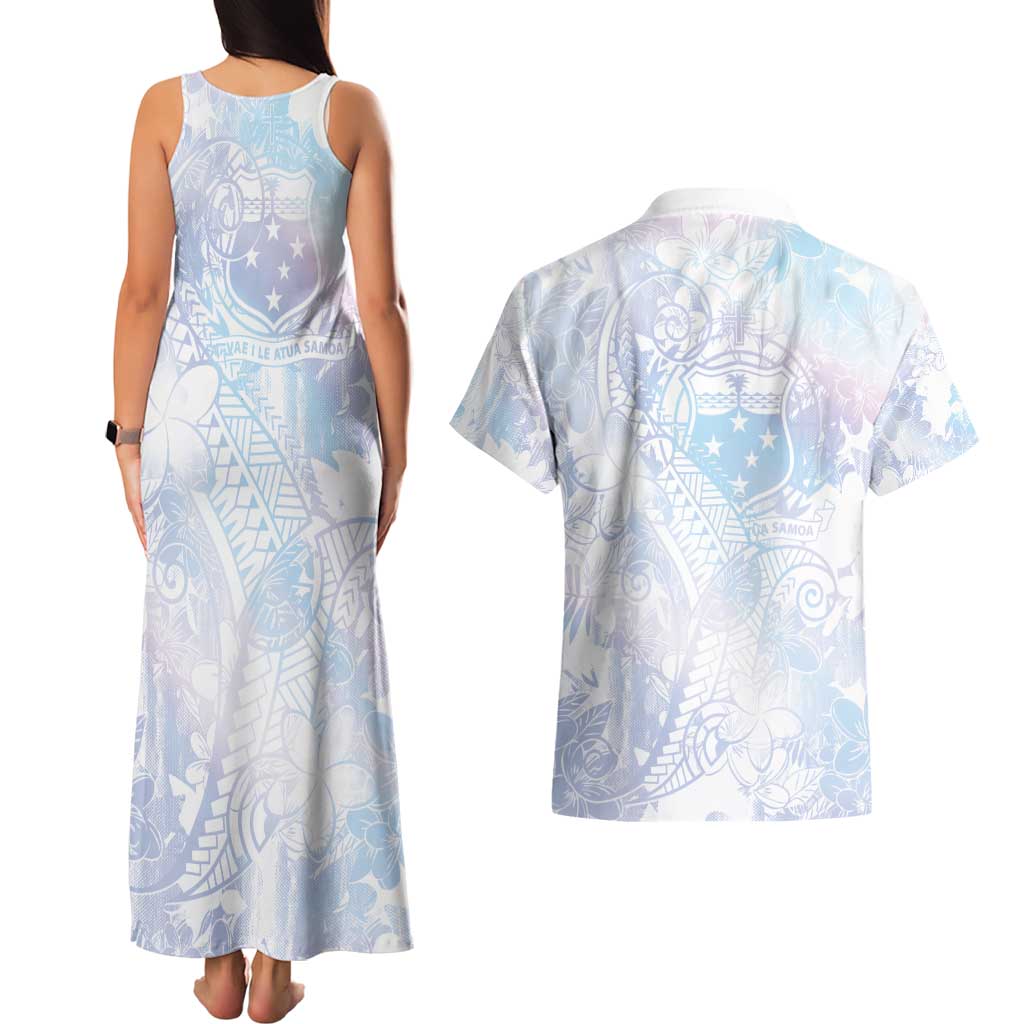 Samoa White Sunday Couples Matching Tank Maxi Dress and Hawaiian Shirt Sweet Pastel Plumeria Floral LT01 - Polynesian Pride