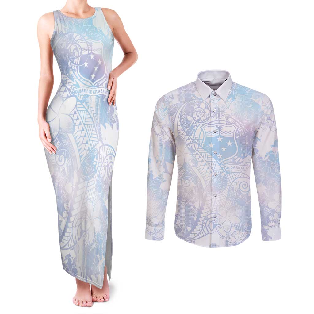 Samoa White Sunday Couples Matching Tank Maxi Dress and Long Sleeve Button Shirt Sweet Pastel Plumeria Floral LT01 White - Polynesian Pride