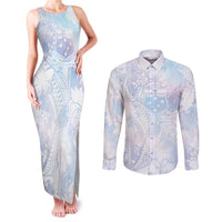 Samoa White Sunday Couples Matching Tank Maxi Dress and Long Sleeve Button Shirt Sweet Pastel Plumeria Floral LT01 White - Polynesian Pride