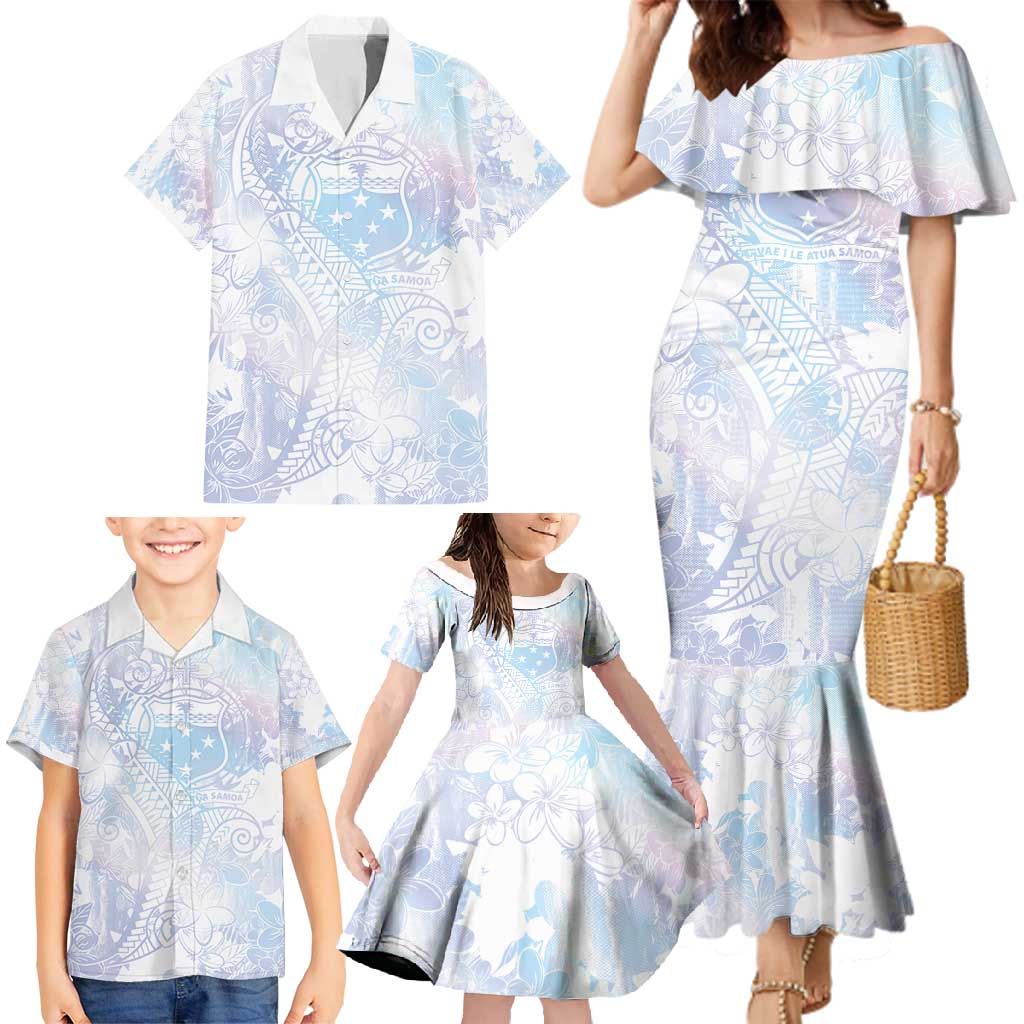Samoa White Sunday Family Matching Mermaid Dress and Hawaiian Shirt Sweet Pastel Plumeria Floral LT01 - Polynesian Pride