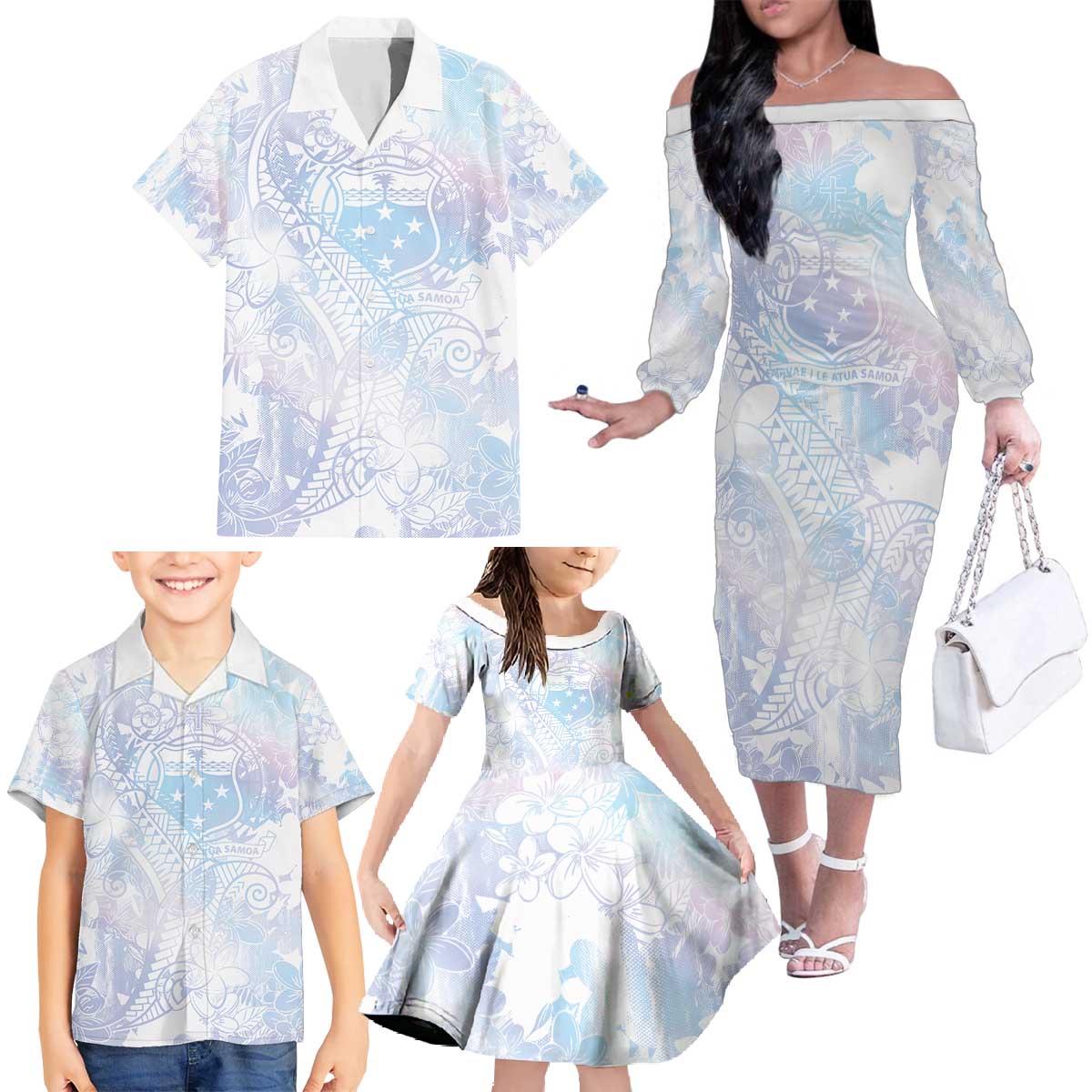 Samoa White Sunday Family Matching Off The Shoulder Long Sleeve Dress and Hawaiian Shirt Sweet Pastel Plumeria Floral LT01 - Polynesian Pride