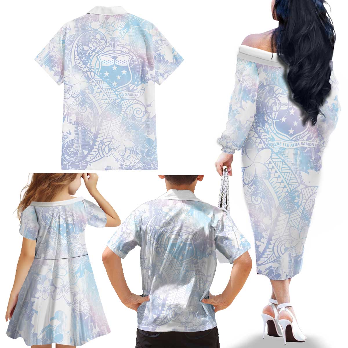 Samoa White Sunday Family Matching Off The Shoulder Long Sleeve Dress and Hawaiian Shirt Sweet Pastel Plumeria Floral LT01 - Polynesian Pride