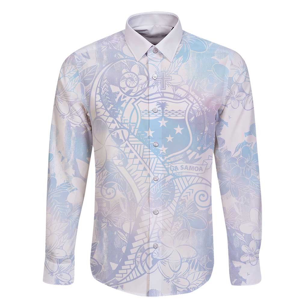 Samoa White Sunday Family Matching Off Shoulder Maxi Dress and Hawaiian Shirt Sweet Pastel Plumeria Floral LT01 Dad's Shirt - Long Sleeve White - Polynesian Pride