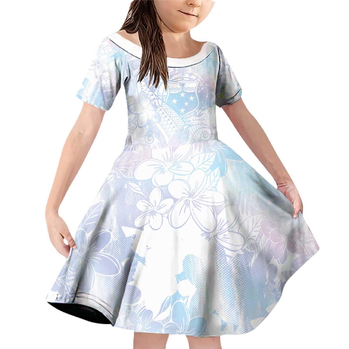 Samoa White Sunday Family Matching Off Shoulder Short Dress and Hawaiian Shirt Sweet Pastel Plumeria Floral LT01 Daughter's Dress White - Polynesian Pride