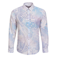 Samoa White Sunday Family Matching Off Shoulder Short Dress and Hawaiian Shirt Sweet Pastel Plumeria Floral LT01 Dad's Shirt - Long Sleeve White - Polynesian Pride