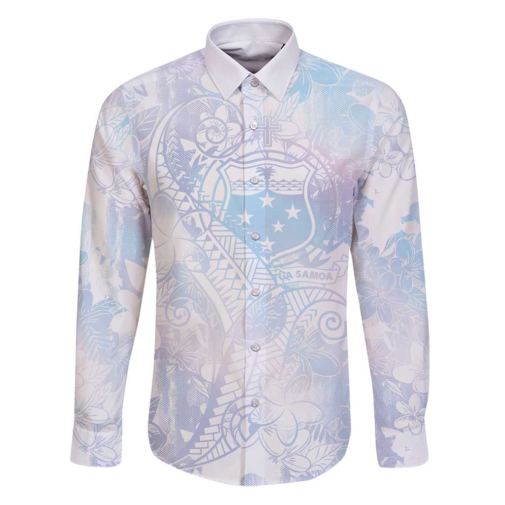 Samoa White Sunday Family Matching Puletasi and Hawaiian Shirt Sweet Pastel Plumeria Floral LT01 Dad's Shirt - Long Sleeve White - Polynesian Pride