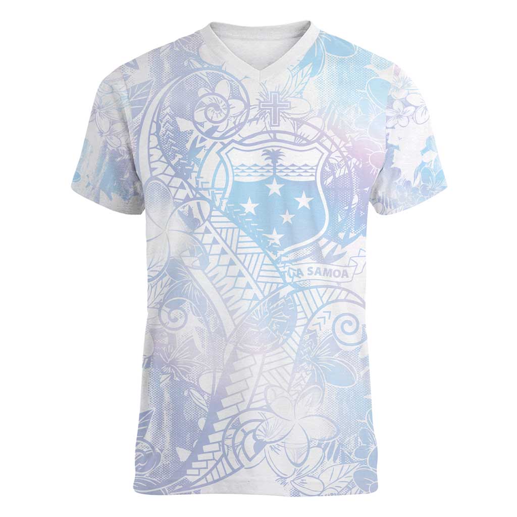 Samoa White Sunday Women V-Neck T-Shirt Sweet Pastel Plumeria Floral LT01 Female White - Polynesian Pride