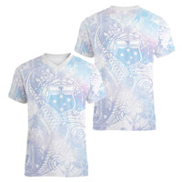 Samoa White Sunday Women V-Neck T-Shirt Sweet Pastel Plumeria Floral LT01 - Polynesian Pride