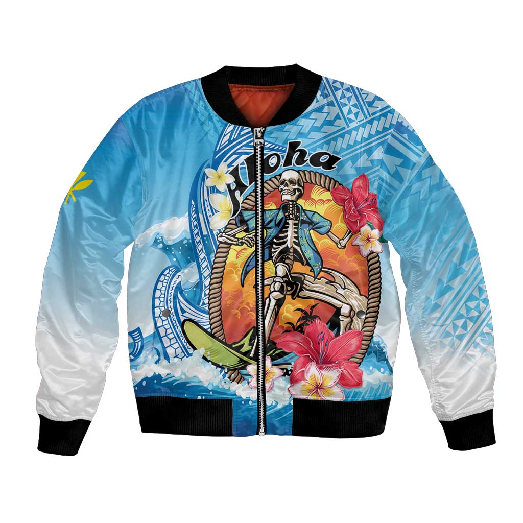 Personalized Aloha Hawaii Skeleton Surfing Bomber Jacket Tribal Shark Plumeria LT01 Unisex Blue - Polynesian Pride