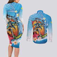 Personalized Aloha Hawaii Skeleton Surfing Couples Matching Long Sleeve Bodycon Dress and Long Sleeve Button Shirt Tribal Shark Plumeria LT01 - Polynesian Pride